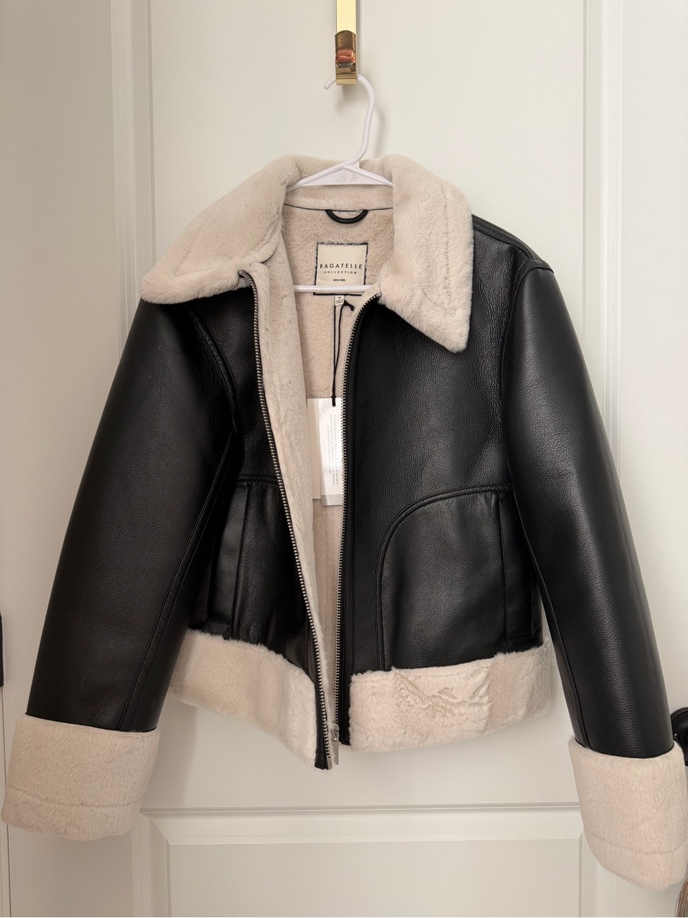 Bagatelle • Black Faux Leather Bomber Jacket with Cream Shearling • NWT